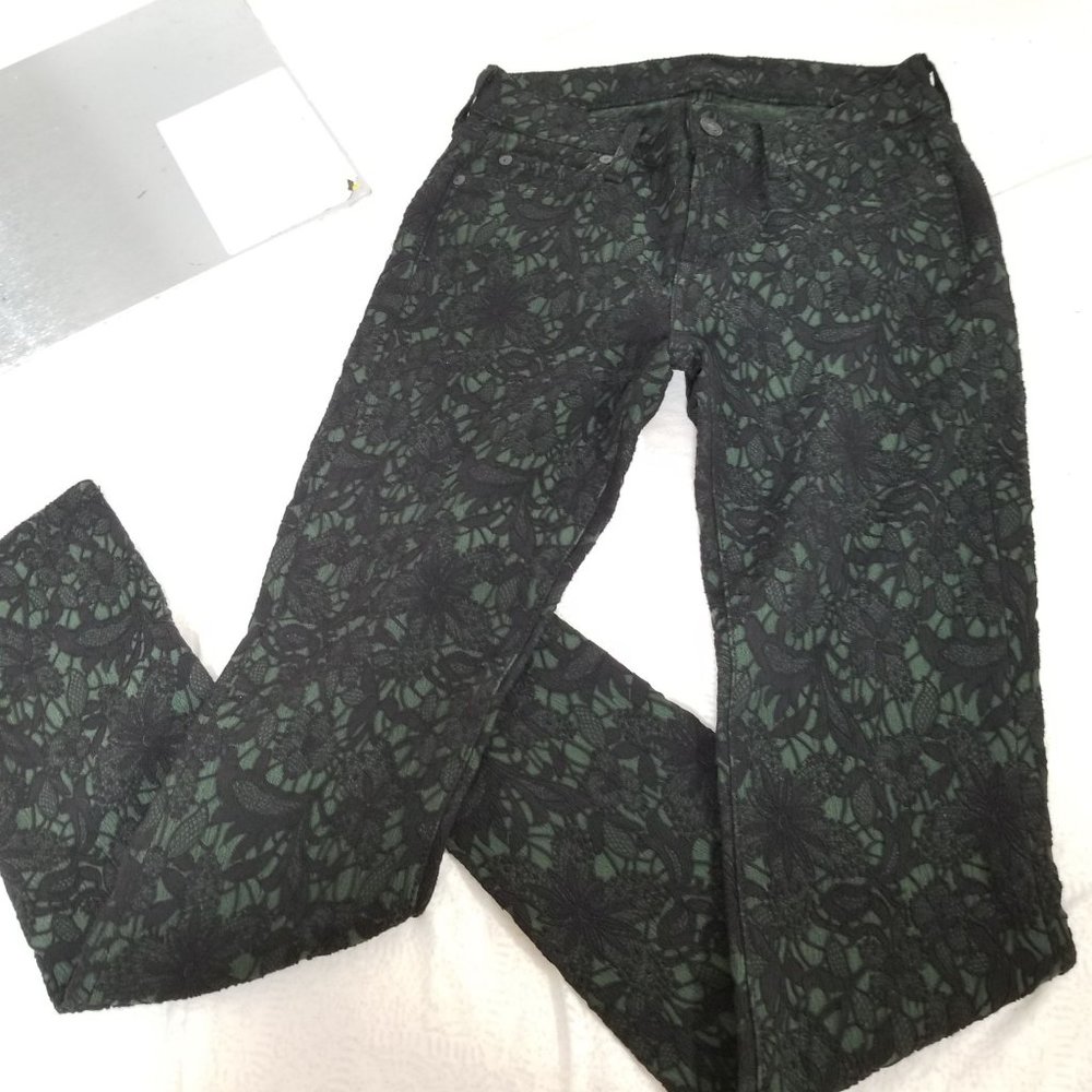 7 Mankind Lace Denim Jean Stretch Skinny Pant Bottom 25 Black Green Gothic Punk